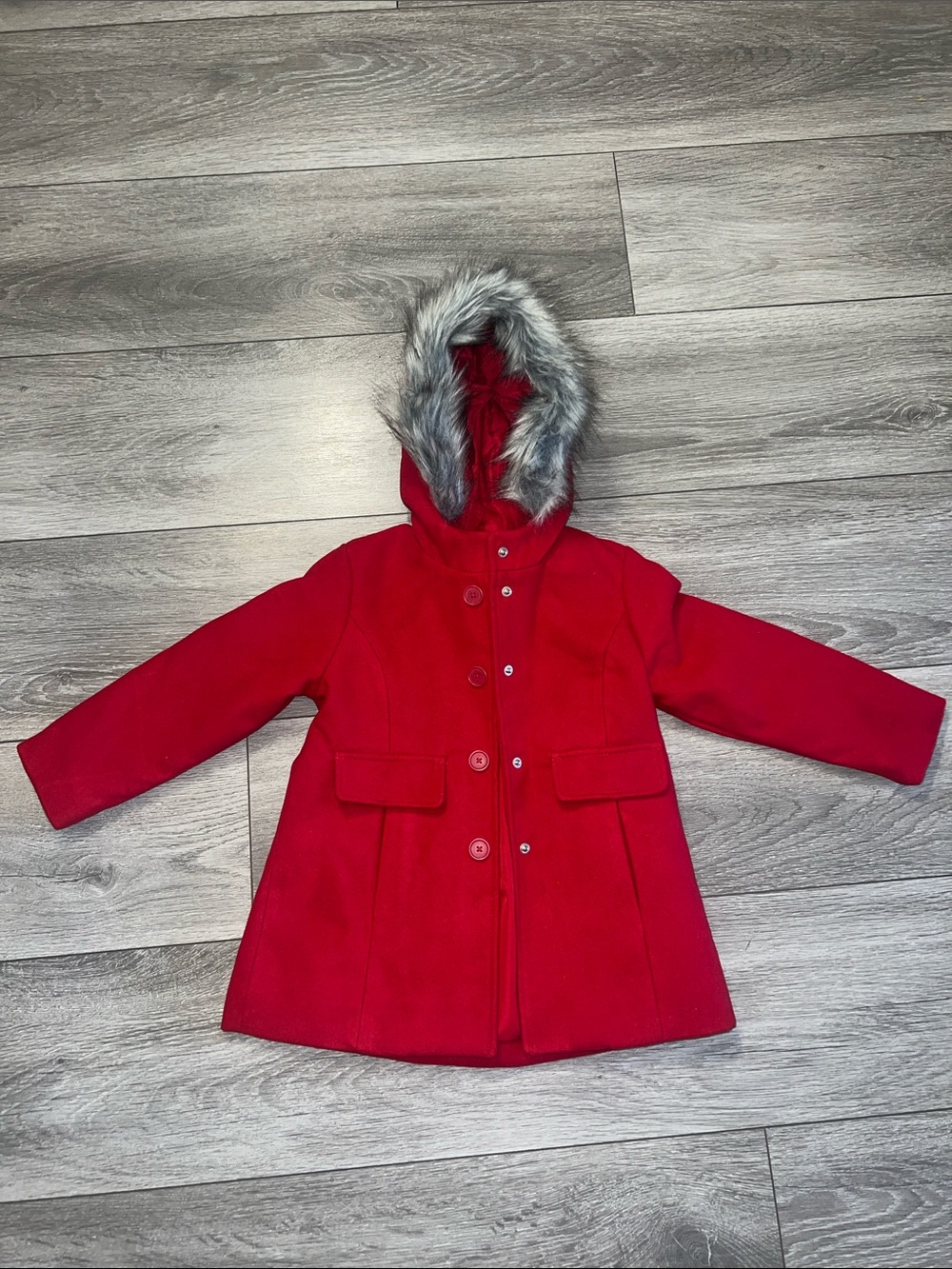 Cat & Jack Red Hooded Pea Coat with Faux Fur Trim